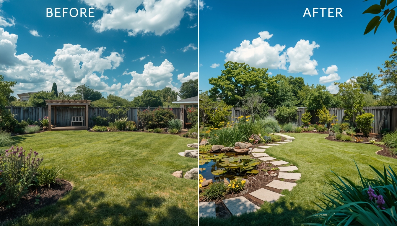 Landscape renovation project showing before and after transformation