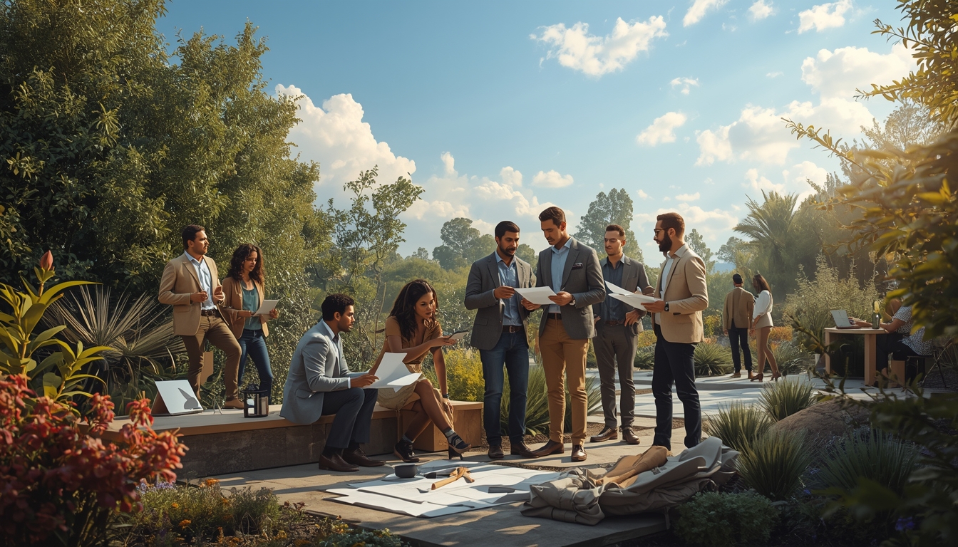 Professional landscape design team working on outdoor project