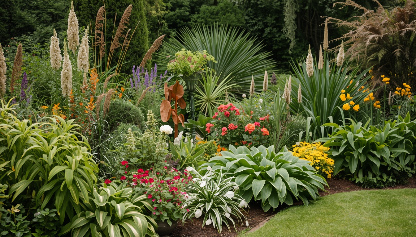 Beautiful garden with diverse plant species and colorful blooms