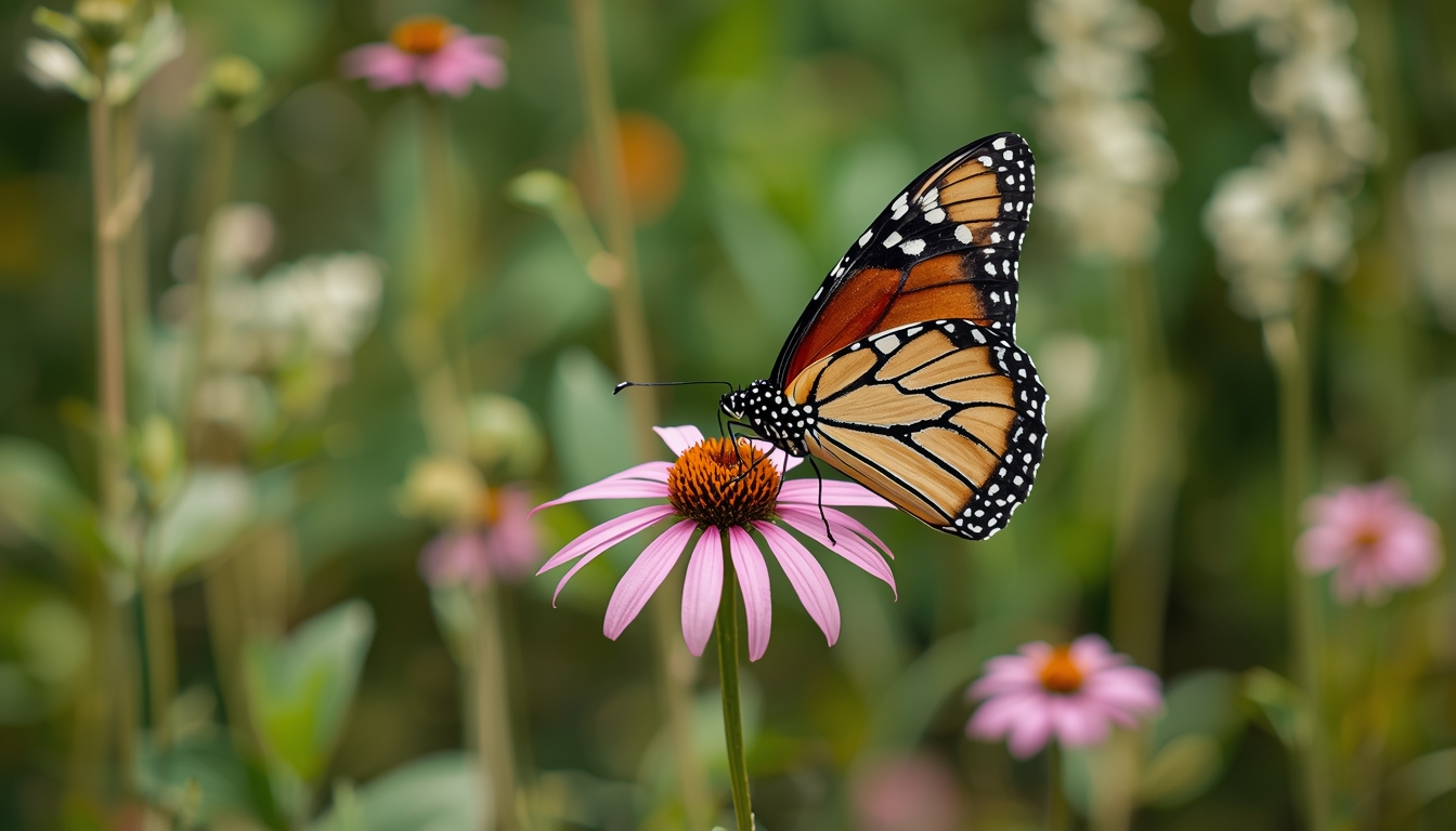 Native plants attracting butterflies and pollinators in natural garden setting