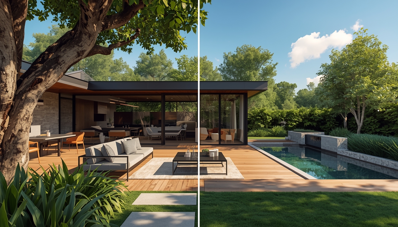 Landscape transformation showing modern outdoor living space