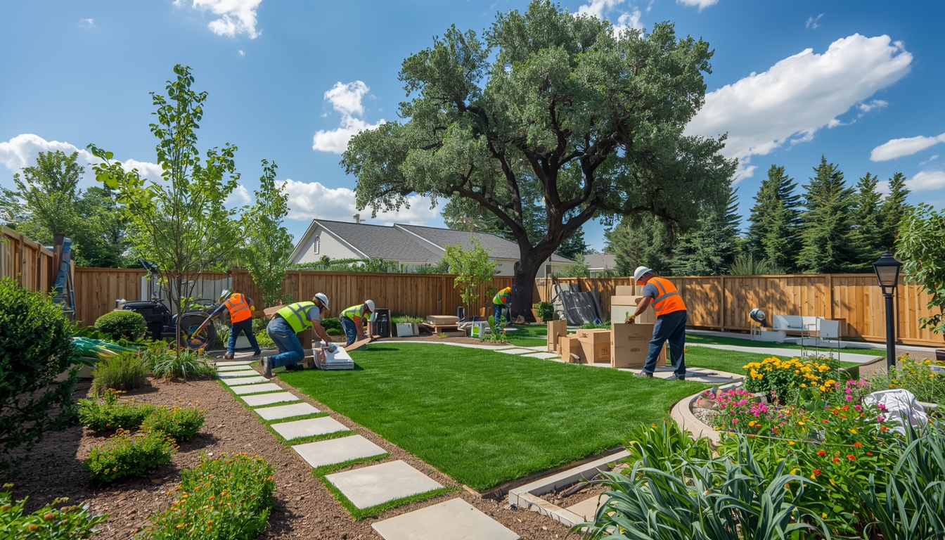 Landscape renovation in progress showing professional installation